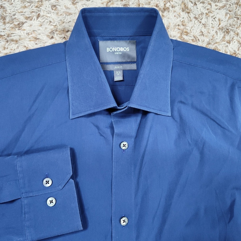 Bonobos Mens L 16.5 35 Slim Fit Long Sleeve Button Up Blue Business Casual Shirt